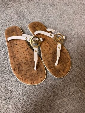 Michael Kors White Thong Sandals with Gold MK Logo